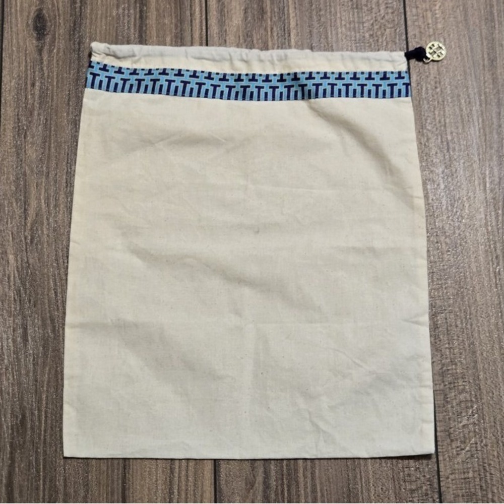 Tory Burch Dust Bag Pouch Navy Blue Tan Logo Print Drawstring Shoe Accessory